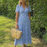 Fleurla | Floral V Neck Short Sleeve Maxi Dress