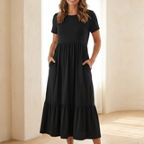 Isalette | Round Neck Short Sleeve Tiered Midi Dress