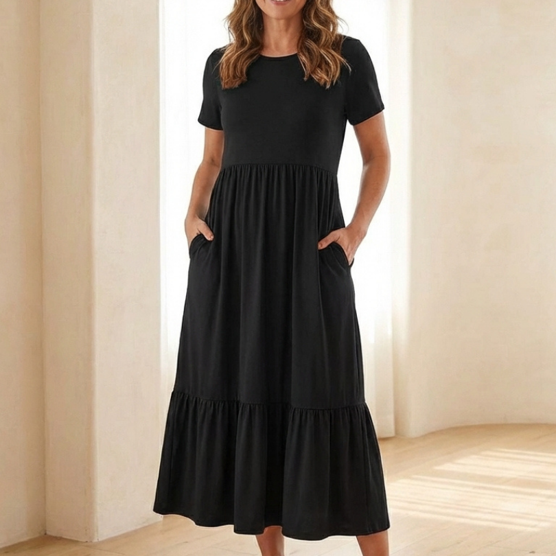 Isalette | Round Neck Short Sleeve Tiered Midi Dress