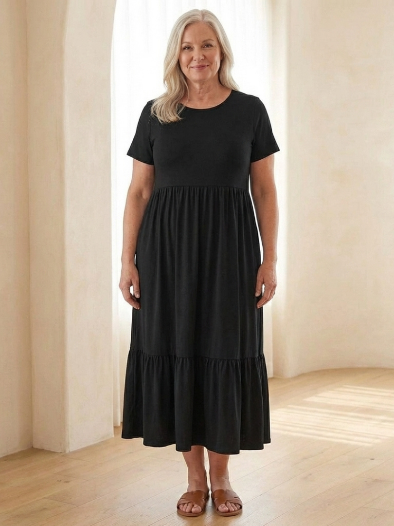 Isalette | Round Neck Short Sleeve Tiered Midi Dress