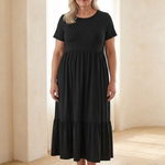 Isalette | Round Neck Short Sleeve Tiered Midi Dress