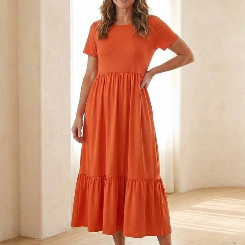 Isalette | Round Neck Short Sleeve Tiered Midi Dress