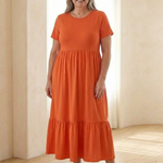 Isalette | Round Neck Short Sleeve Tiered Midi Dress