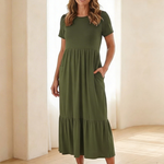 Isalette | Round Neck Short Sleeve Tiered Midi Dress