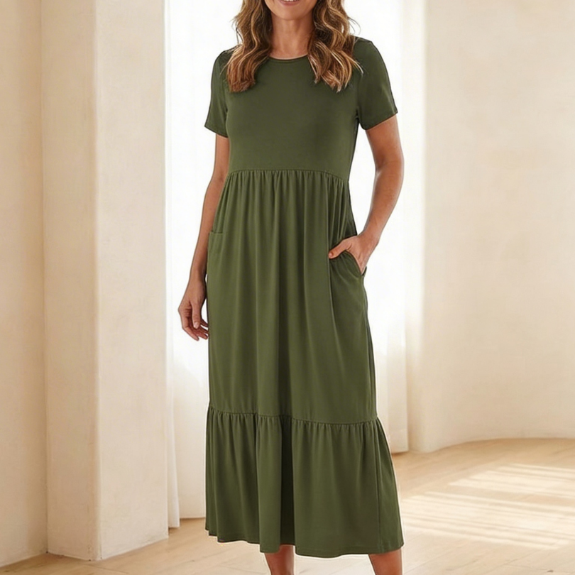 Isalette | Round Neck Short Sleeve Tiered Midi Dress