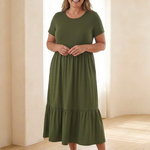 Isalette | Round Neck Short Sleeve Tiered Midi Dress