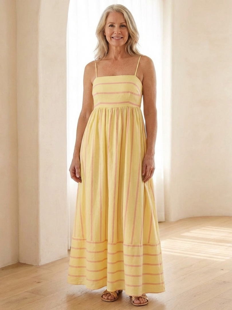 Kalbeth | Spaghetti Strap Striped Maxi Dress Gathered Waist