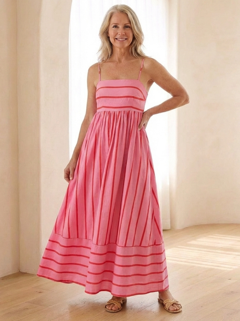 Kalbeth | Spaghetti Strap Striped Maxi Dress Gathered Waist