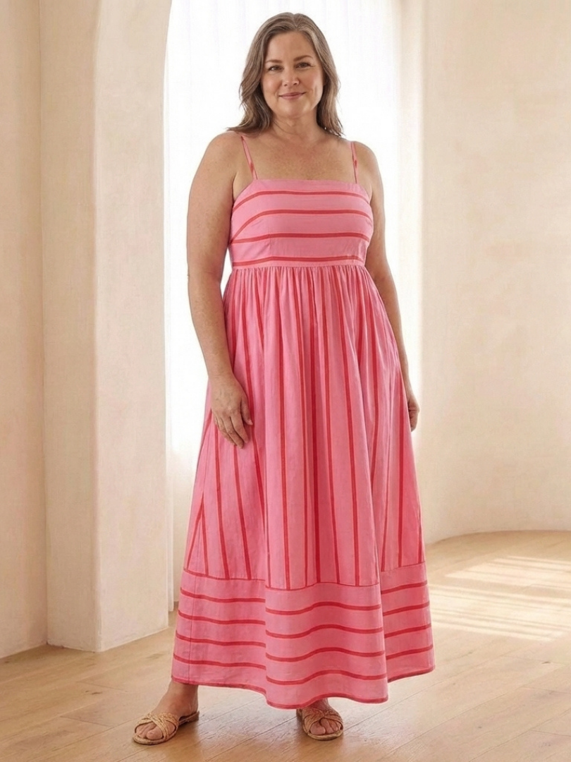 Kalbeth | Spaghetti Strap Striped Maxi Dress Gathered Waist