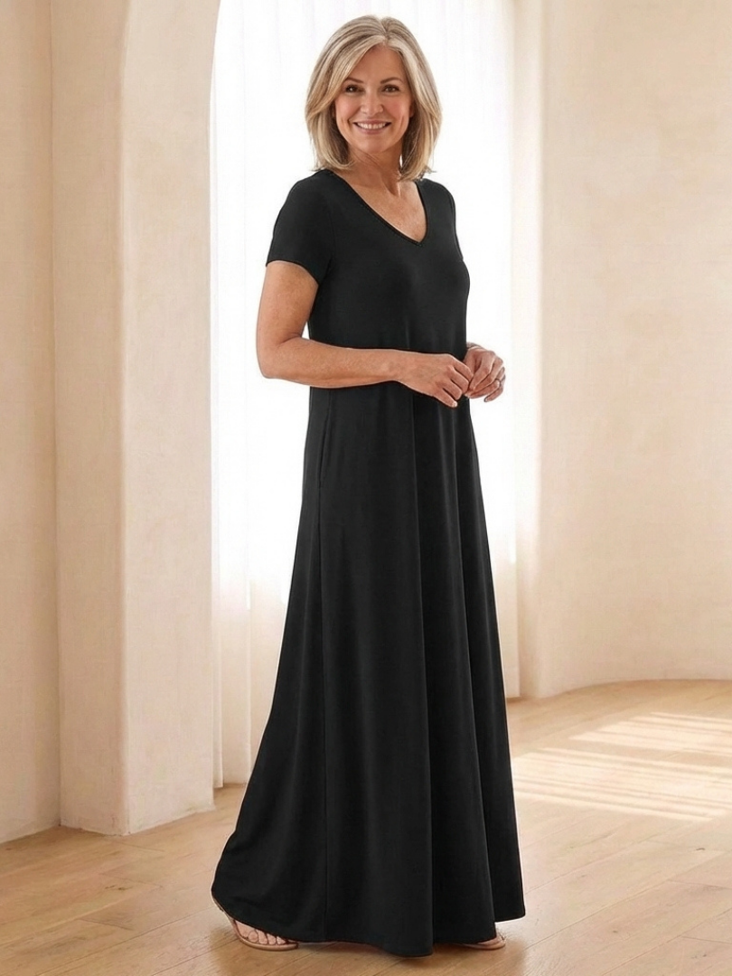 Vesina | V Neck Short Sleeve Pocket Maxi Dress