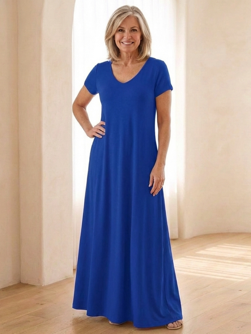 Vesina | V Neck Short Sleeve Pocket Maxi Dress