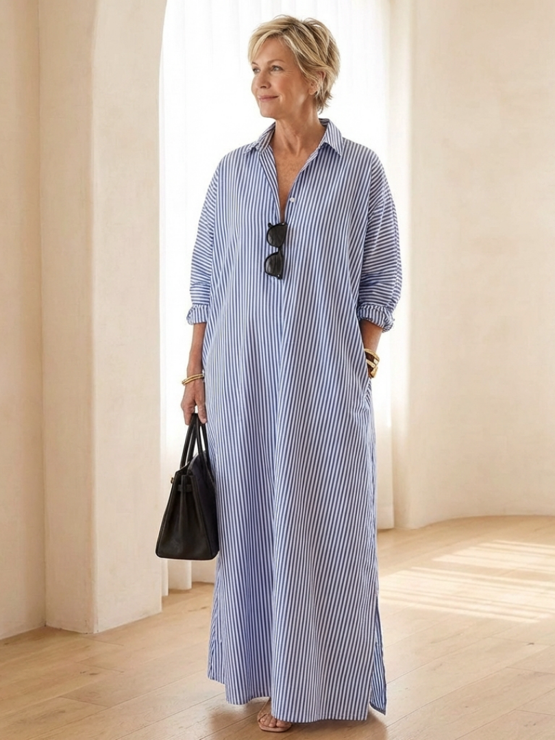 Vessette | Striped Long Sleeve Collar Maxi Shirt Dress