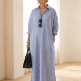 Vessette | Striped Long Sleeve Collar Maxi Shirt Dress