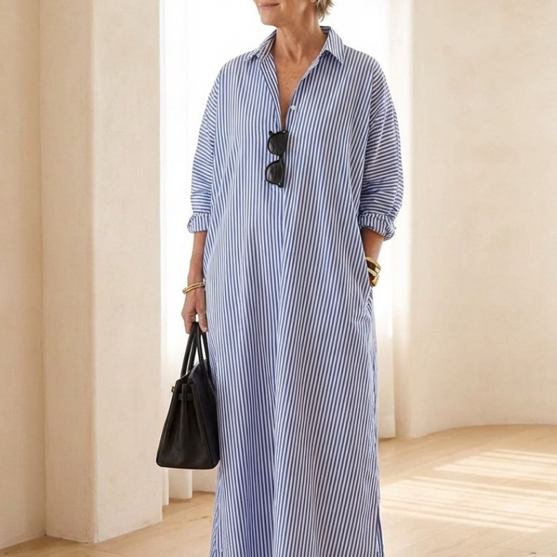 Vessette | Striped Long Sleeve Collar Maxi Shirt Dress