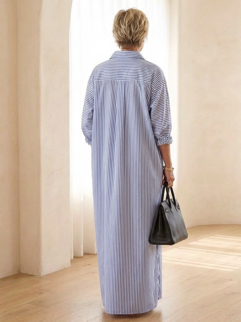 Vessette | Striped Long Sleeve Collar Maxi Shirt Dress
