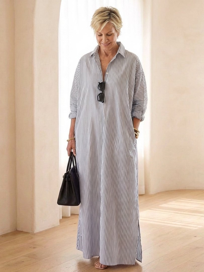 Vessette | Striped Long Sleeve Collar Maxi Shirt Dress