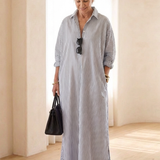Vessette | Striped Long Sleeve Collar Maxi Shirt Dress