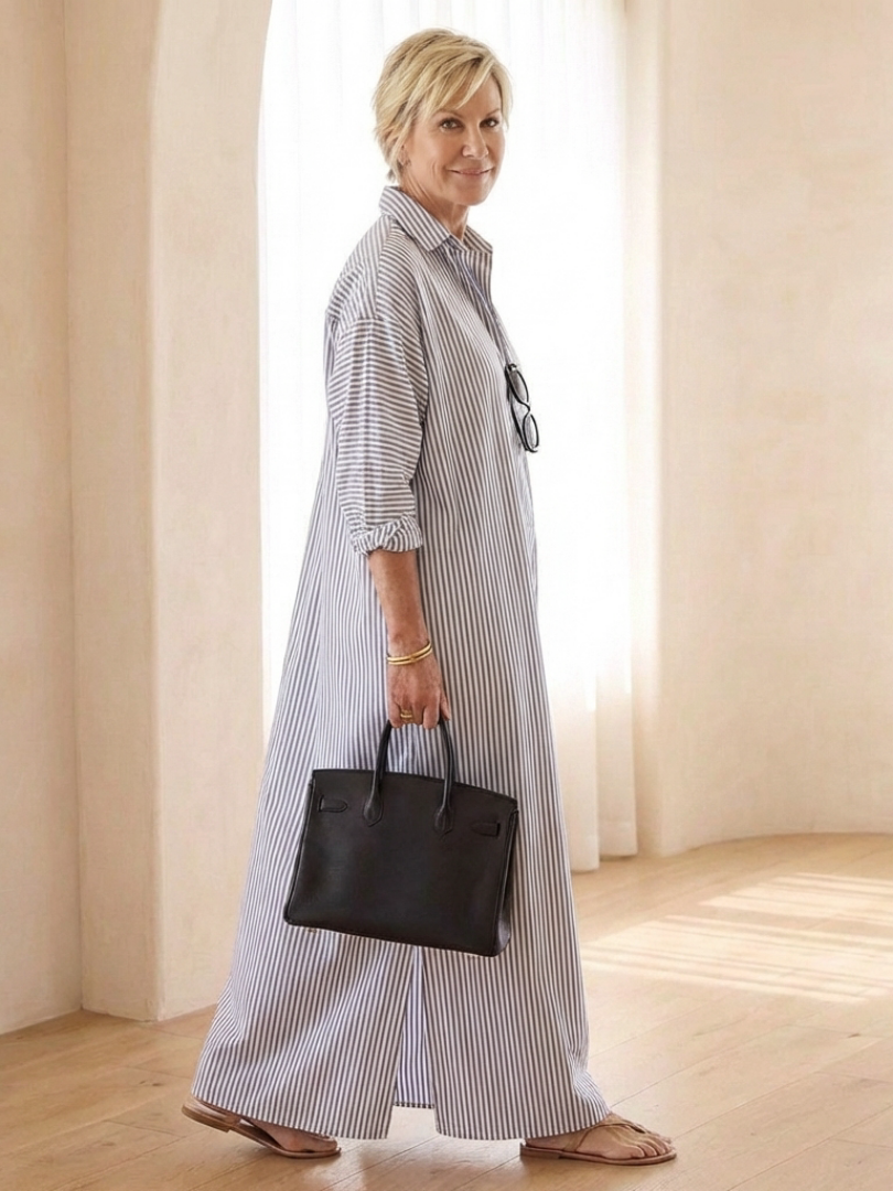 Vessette | Striped Long Sleeve Collar Maxi Shirt Dress