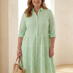 Camsette | Striped Button Front Three Quarter Sleeve Tiered Dress