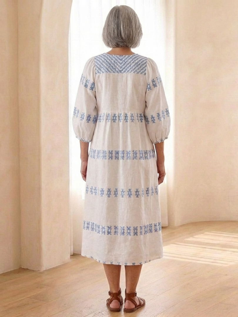 Verine | Embroidered V Neck Long Sleeve Midi Dress