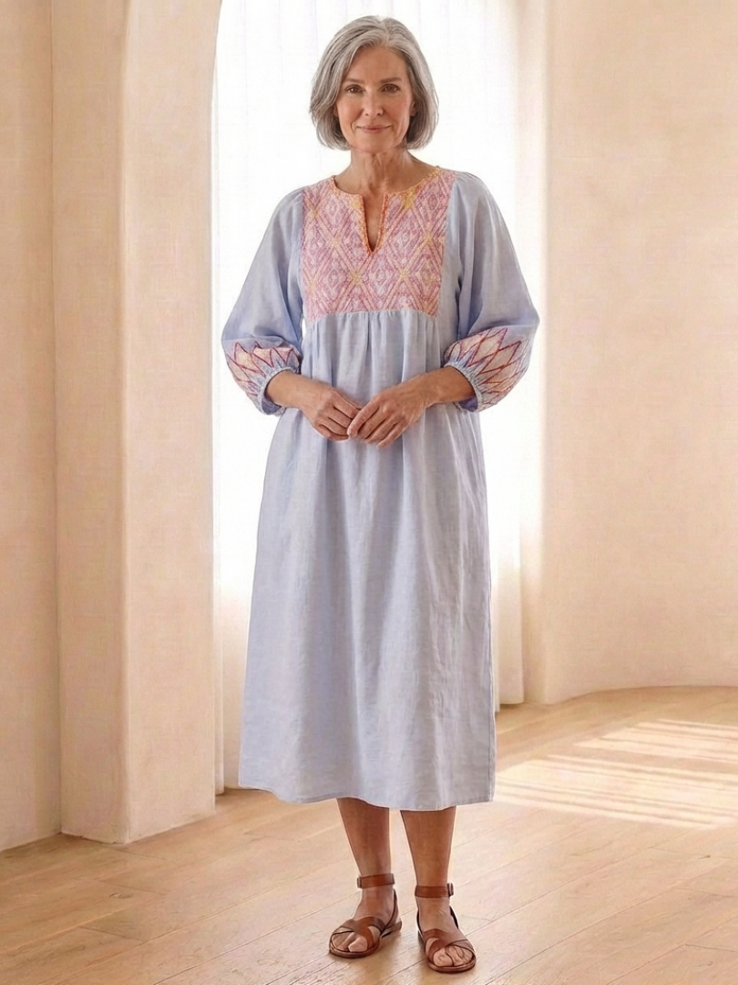 Verine | Embroidered V Neck Long Sleeve Midi Dress
