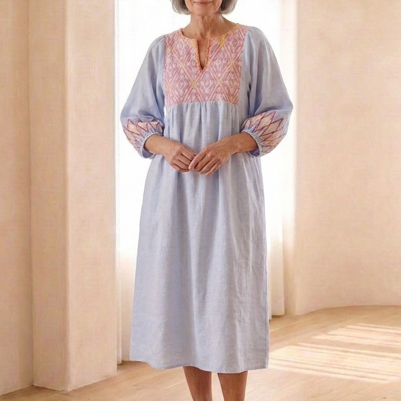 Verine | Embroidered V Neck Long Sleeve Midi Dress