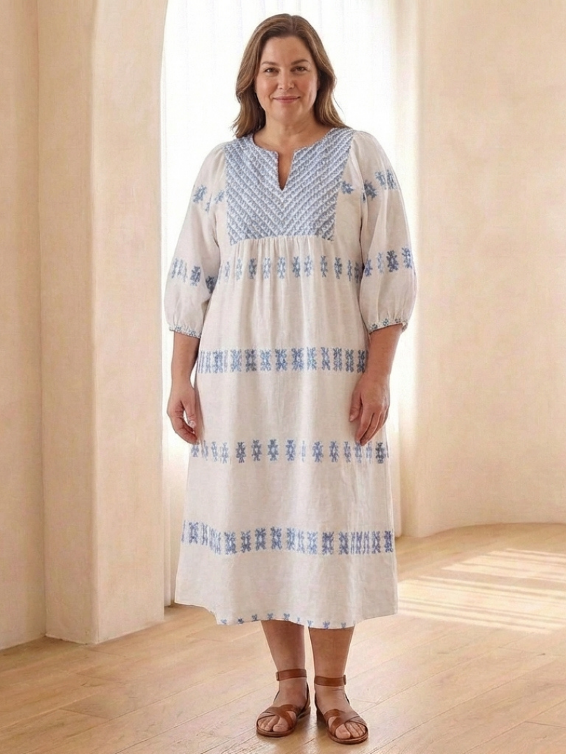 Verine | Embroidered V Neck Long Sleeve Midi Dress