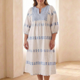 Verine | Embroidered V Neck Long Sleeve Midi Dress