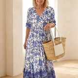 Vessia | Floral V Neck Three Quarter Sleeve Midi Dress