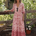 Vessia | Floral V Neck Three Quarter Sleeve Midi Dress