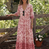 Vessia | Floral V Neck Three Quarter Sleeve Midi Dress
