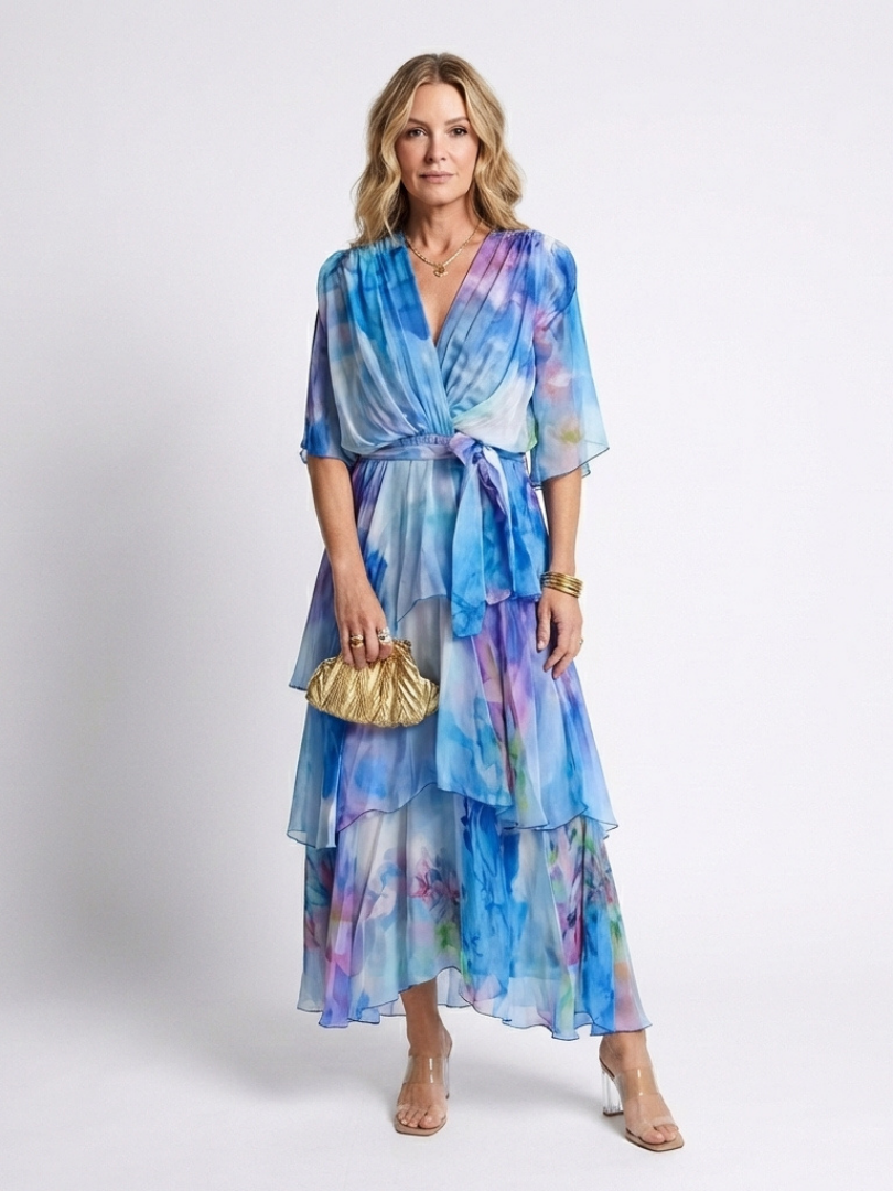 Corina | Sheer Layered V Neck Tie Waist Maxi Dress