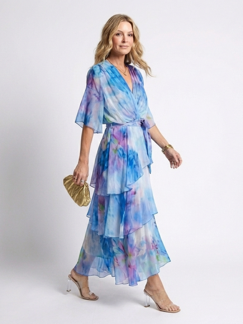 Corina | Sheer Layered V Neck Tie Waist Maxi Dress