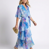 Corina | Sheer Layered V Neck Tie Waist Maxi Dress