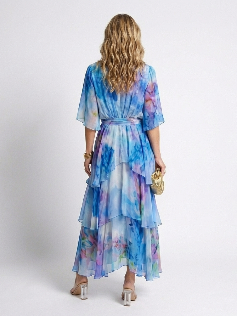 Corina | Sheer Layered V Neck Tie Waist Maxi Dress