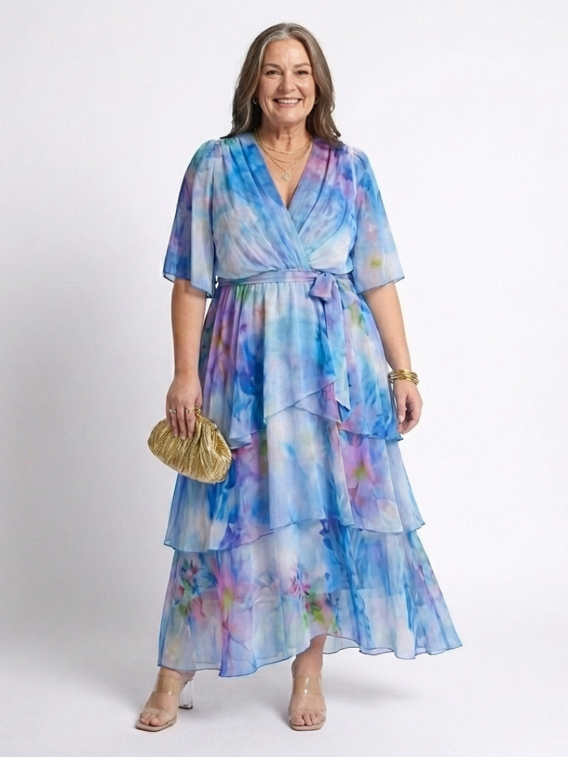 Corina | Sheer Layered V Neck Tie Waist Maxi Dress