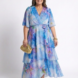 Corina | Sheer Layered V Neck Tie Waist Maxi Dress