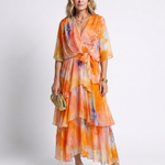 Corina | Sheer Layered V Neck Tie Waist Maxi Dress