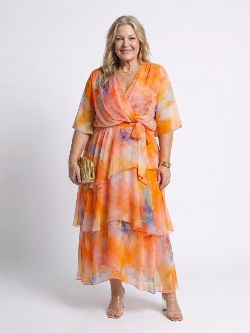 Corina | Sheer Layered V Neck Tie Waist Maxi Dress