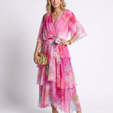 Corina | Sheer Layered V Neck Tie Waist Maxi Dress