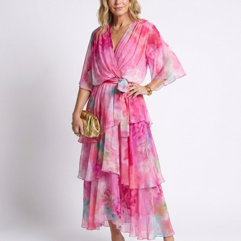 Corina | Sheer Layered V Neck Tie Waist Maxi Dress