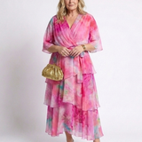Corina | Sheer Layered V Neck Tie Waist Maxi Dress