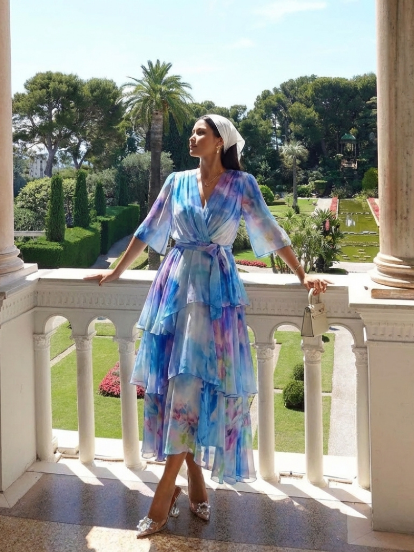 Corina | Sheer Layered V Neck Tie Waist Maxi Dress