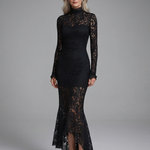 Fressa | Long Sleeve High Neck Lace Midi Dress