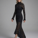 Fressa | Long Sleeve High Neck Lace Midi Dress