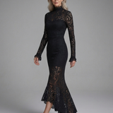 Fressa | Long Sleeve High Neck Lace Midi Dress