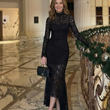 Fressa | Long Sleeve High Neck Lace Midi Dress