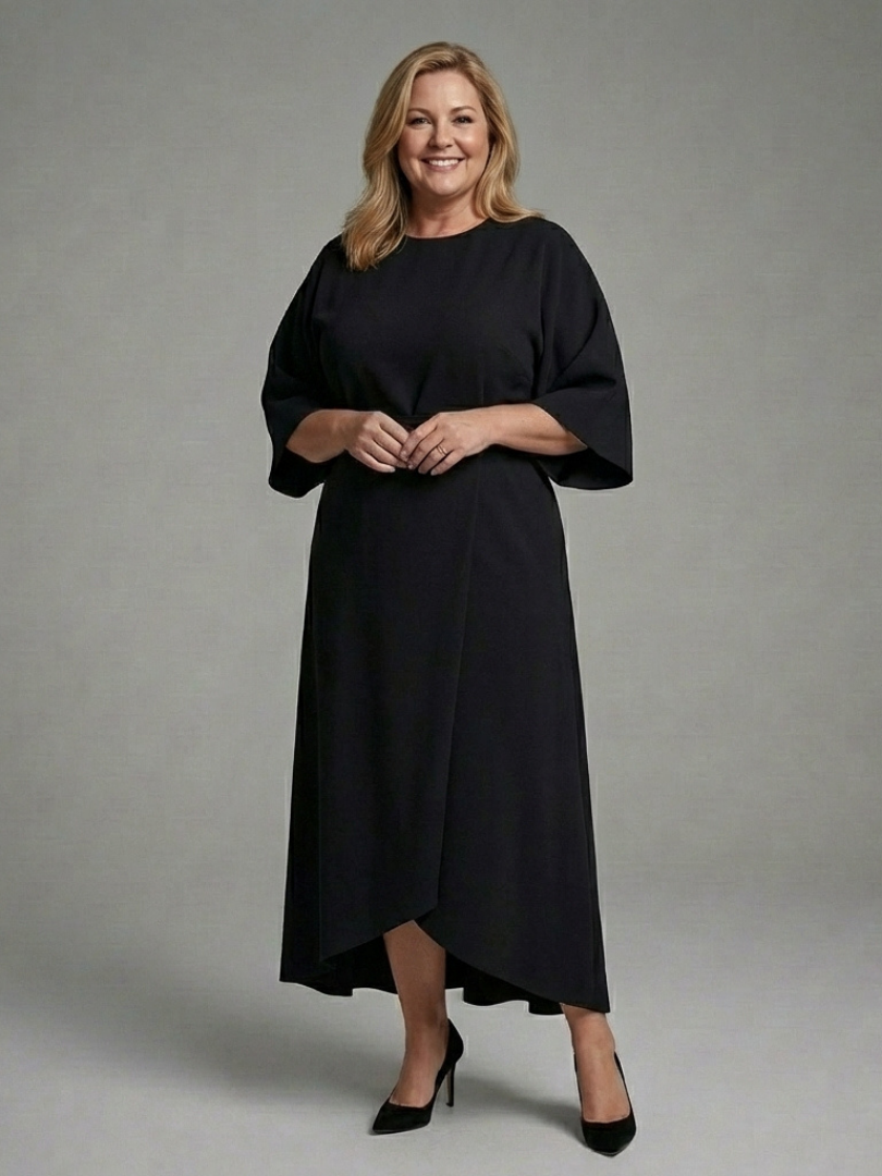 Bella | Waist Defined Cape Sleeve Asymmetric Midi Dress
