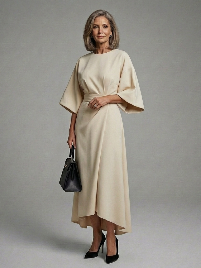 Bella | Waist Defined Cape Sleeve Asymmetric Midi Dress