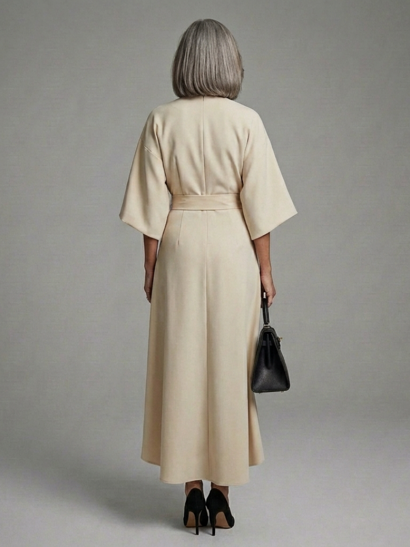 Bella | Waist Defined Cape Sleeve Asymmetric Midi Dress